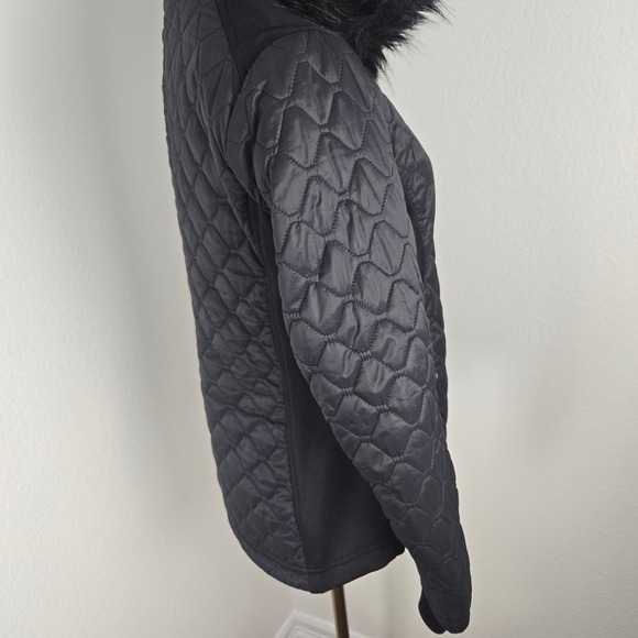 Michael‎ Kors Women Black Quilted Puffer Jacket Hooded Faux Fur Trim Gold Logo M - Picture 9 of 14